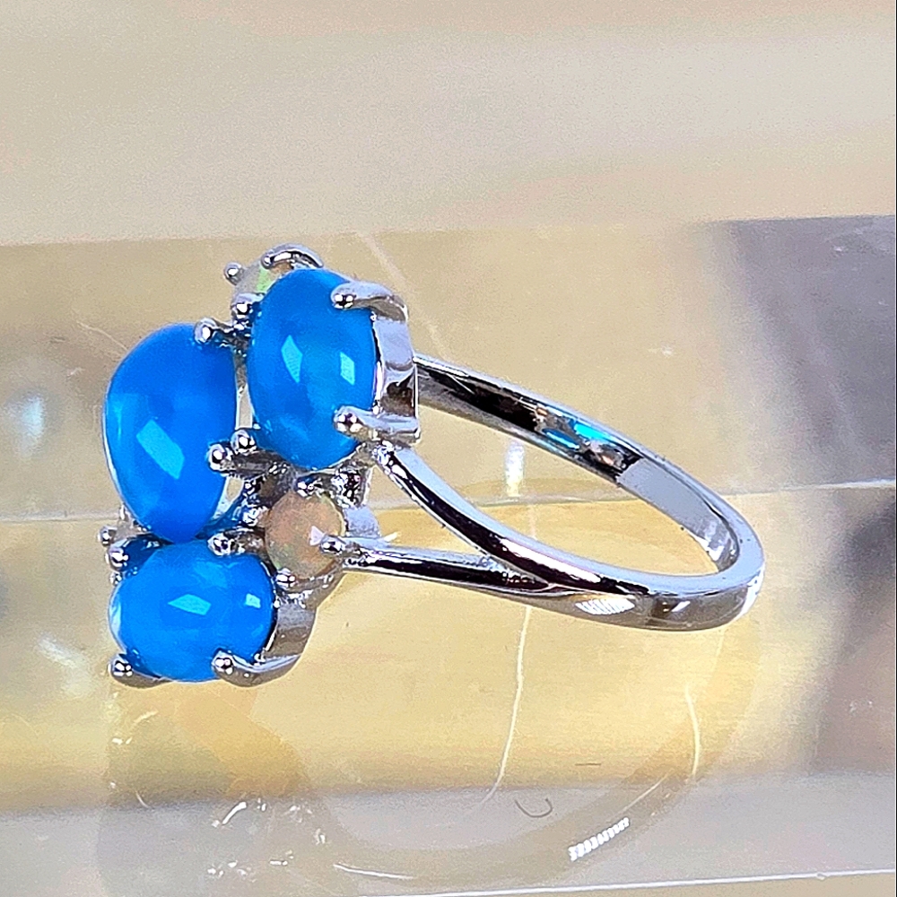 925 Sterling Silver Ring with Natural Oval Blue Opal 8x6mm & Fire Opal Gemstones - Picture 6 of 14